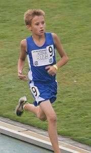 Evan Melanson of Carrollton competes in the 13-year-olds’ division of the boys' 3,000-meter run during the 2015 AAU Junior Olympic Games on Aug. 8 at Norfolk State University. With a time of 11:47.79, he took 49th out of 65 runners to finish. (Lynn Melanson photo)
