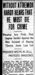 This newspaper clipping describes Sam Hardy’s reaction upon learning he has been found guilty in the murder of Tiberius Gracchus “Grac” Jones. (Submitted Photo)