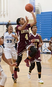 King's Fork High School sophomore point guard Camary Harris, pictured playing in an earlier game this season, helped the Lady Bulldogs to top host Deep Creek High School 58-55 on Friday. She contributed nine points, six assists and six steals as King's Fork improved to 18-0.