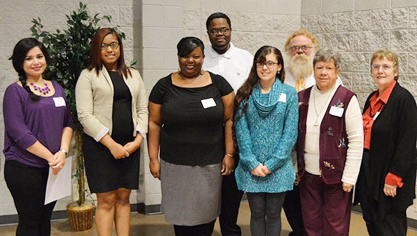 Celebrating at the PDCCC Spring 2016 Scholarship Reception, from left, are students Kyrie McLeod, Imani Edwards, Tamara Branch, Cordero Williams, Danielle Stauffer and Jesse Pruden, along with Vera Sykes and Anne Hager, both of the Franklin Woman’s Club. Hager serves as president of the local organization. 