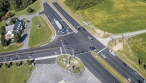 The intersection of Bridge Road and Lee Farm Lane is seen from above, with new improvements that earned it the Project of the Year Award in the American Public Works Association Mid-Atlantic Chapter contest. (City of Suffolk Photo)
