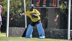 Goalie Sarah Christiansen tallied 41 saves throughout the tournament. The Lady Saints went 0-3 in the two days of the tournament. Photo by Lisa Meyers  