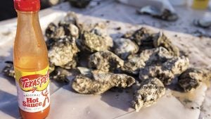 A little Texas Pete was the perfect condiment for some of the guests at the North Suffolk Rotary Club’s oyster roast. Others brought their own concoctions to dress up the main fare.